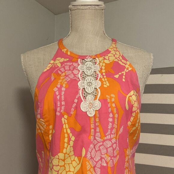 Lilly Pulitzer Pink & Orange Bella Giraffe Lace Inset Yoke Neck Mini Dress Sz 4 - Picture 2 of 9